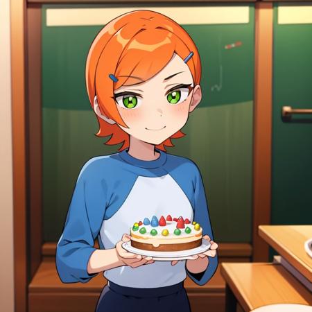 gwen,orange hair,green eyes,short hair,hairclip,looking at viewer,celebrating,birthday,cake,smile,shirt, raglan sleeves, long sleeves, pants