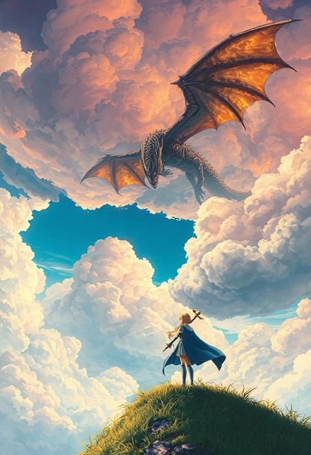 "Vertical 9:16 anime-style sky in ultra-detailed 4K resolution. A vast, painterly sky stretches endlessly, filled with massive, textured clouds in complex folds, soft ridges, and jagged contours. Gaps reveal glowing baby-blue sky and warm sunlight streaming through. Below, Saber from Fate/stay night stands firm atop a grassy cliff, her silver armor gleaming, Excalibur drawn and glowing faintly in her hand. Her flowing blue cape catches the wind as she locks eyes with a colossal dragon hovering in the clouds above. The dragon’s scales shimmer with obsidian and gold tones, its wings vast and torn by age. The scene is richly cinematic: dreamy pastel tones shift into high-contrast lighting, with deep cel shading, soft bloom, ambient haze, and hyper-detailed watercolor texture. A moment of mythical confrontation frozen in time — heroic, emotional, and alive with magical tension.