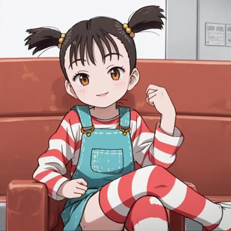 masterpiece, best quality, uran, 1girl, twintails, shadowy, striped, overalls, striped thighhighs,  dim light, smile, crossed legs,  <lora:pluto_uran-000016:0.7>