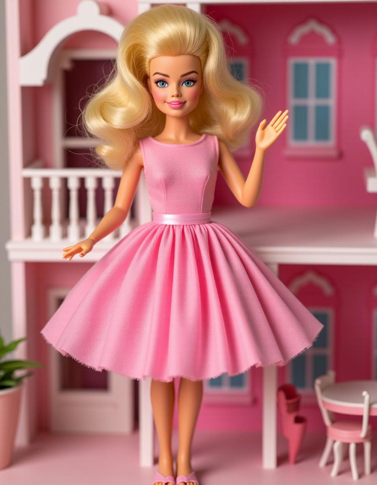 Whimsical and Playful, spontaneous picture of a beautiful age 21 year old 1960 style Barbie Doll standing in front of her dollhouse and waving at the viewer,  with a contented expression on her face . beautiful young  age 21 year old blonde haired margotrobb1eas a Barbie doll with 1960s-inspired bouffant bubble flip hairstyle, wearing a 1960 style full skirted pink housewife dress and sandals and long pink fingernails, 1960s inspired eyeliner and light pink lipstick,    <lora:flux_margotrobb1e:1.3>, taken by talented amateur. best quality, high resolution. magical moment, natural look. simple but good looking, imaginative, fantastical, bight colors, stylized, happy, Whimsical and Playful