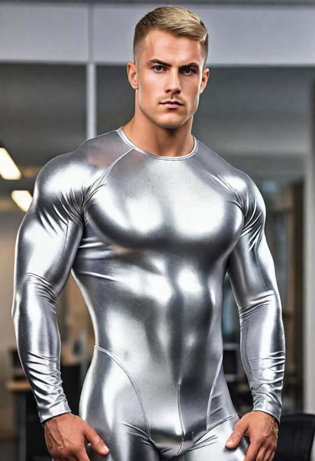 a strong 28-year-old bodybuilder german male with short military haircut, man, confused face, wearing a skin tight silver spandex shorts, wearing a skin tight silver spandex supervillain bodysuit with gold details, inside a office, dominant posture, looking at viewer, symmetrical eyes, fine details best quality, hyperdetailed face, photorealistic, highest quality, best shadow, high contrast, character design, moody, film grain, dark, highly detailed. photography, professional, 4k, 8k HD, highly detailed, professional, photography, detailed skin, detailed spandex texture, realistic, photo-realistic, 8k, highly detailed, full length frame, High detail RAW color art, diffused soft lighting, shallow depth of field, sharp focus, hyperrealism, cinematic lighting, RAW candid cinema, 16mm, color graded portra 400 film, remarkable color, ultra realistic, textured skin, remarkable detailed pupils, realistic dull skin noise, visible skin detail, skin fuzz, dry skin, shot with cinematic camera