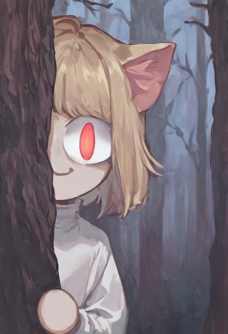 score_9, score_8_up, score_7_up, solo, peeking out, upper body, hiding behind tree, night, horror \(theme\), forest, necoarc, glowing eyes, cat ears, blonde hair, red eyes, chibi, :3, white shirt, turtleneck,  looking at viewer
