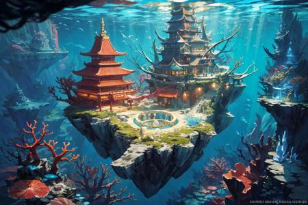 Highest quality,Great work,(Scene:1.2),fantasy,underwater,(seabed:1.3),(Ring City:1.3),east asian architecture,seashell,coral,plants in the sea,floating (fish:1.35),(lamp:0.7)