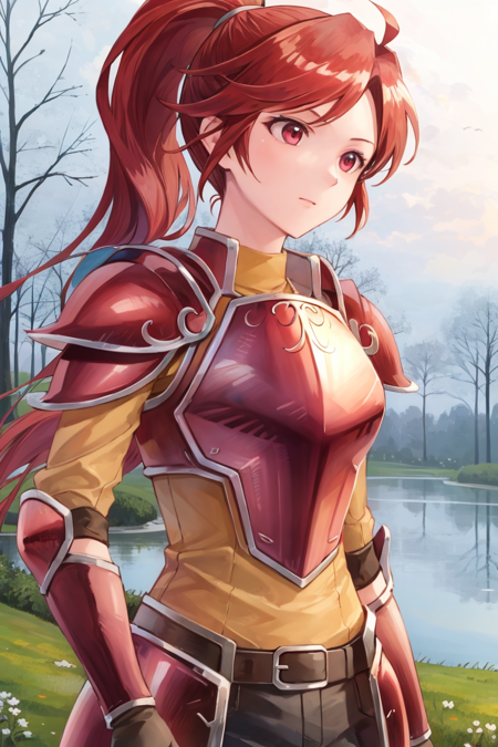 <lora:Jill_FE-10:0.8> jill fe, 1girl, solo, long hair, gloves, ponytail, belt, pants, armor, shoulder armor, pauldrons, breastplate, red armor, upper body, nature, park, trees, pond