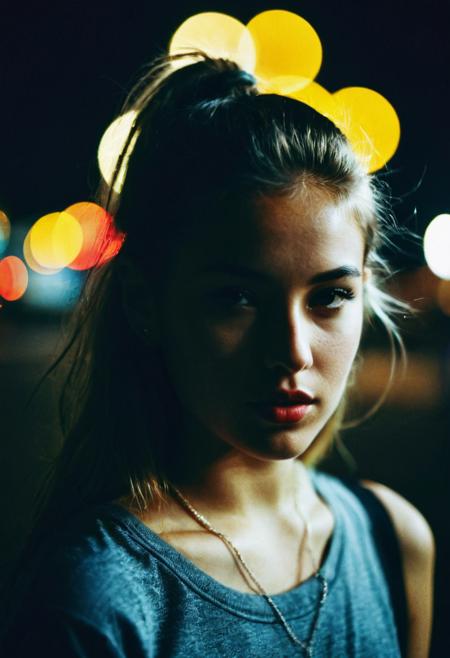 raw photo,half body, 1girl, 25 y.o. , 90's style,  night, high contrast, hard light, griny photo,  Light leaks, boke