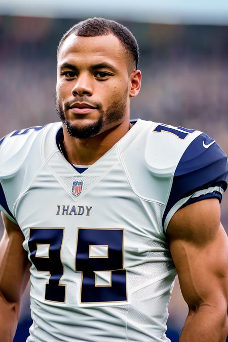 a photo of DPr35c0tt, a man, RAW, close portrait photo, (medium shot), (beard), blue and white american football clothes, stands in the background, football stadium, (high detailed skin:1.2), 8k uhd, dslr, soft lighting, high quality, film grain, Fujifilm XT3 sharp focus, f 5.6