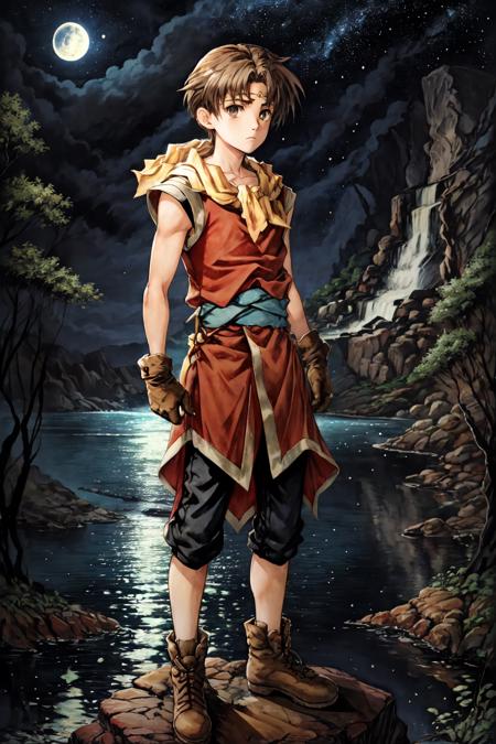 RiouSuikoden,1boy, solo,  yellow scarf, red tunic, black pants,  standing on a rocky cliff, night sky, moon, (waterfall:1.2), moon, starry sky,   serious look <lora:Riou_Suikoden2V1.6:1>