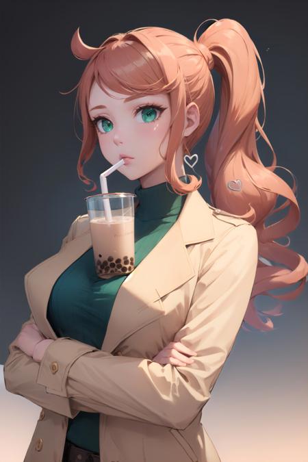 (masterpiece, best quality:1.2), <lyco:pokemon_sonia-09:0.8>, <lyco:concept_bubbleteachallenge-16:1.0>, solo, 1girl, sonia, bubble tea challenge, drinking straw, crossed arms, side ponytail, heart hair ornament, eyewear on head, trench coat, green shirt