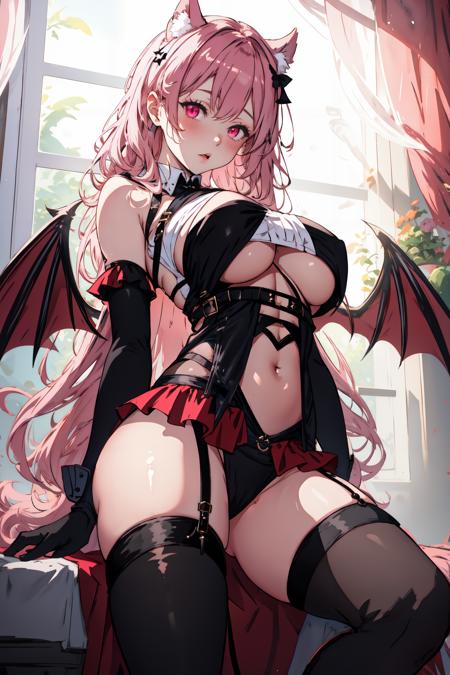 hindencl, black leotard, underboob cutout, frills, black elbow gloves, covered navel, black skirt, black pantyhose, boots, demon wings demon tail