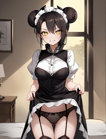 <lora:AgentNormal>,1girl,AgentNormal,double bun,cowboy shot,maid,bedroom,skirt lift,panties,garter straps,golden hour,harsh shadows,shaded face,evil smile,glowing yellow eyes