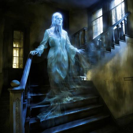 Design an unsettling and surreal artwork of a holographic apparition materializing on a stairway in an abandoned decaying victorian mansion. The spectral figure should cast an eerie, bluish glow, contrasting with the decaying surroundings and fractured, broken reflections in the corridor's windows. Illustration, Masterpiece, dark atmosphere, Abandoned Mental Hospital, Eerie Apparition, Broken Glass Reflections, Blue Holographic Glow, Surreal Atmosphere, Ominous Lighting.