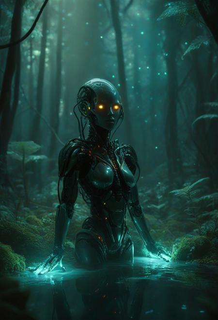 Ultrarealistic. sharp focus, dynamic lighting. play of light, reflection, refraction, Raytracing, Ultra detailed. Alien themed. Alien scenery. alien scenery background. alienworld. A gorgeous female robot in an alien forest. surrounded by ice.enchanting, cosmic, celestial, ethereal, vibrant flora, magical, luminous, serene, dreamy, radiant, bioluminescent, intricate details, surreal, enchanted forest