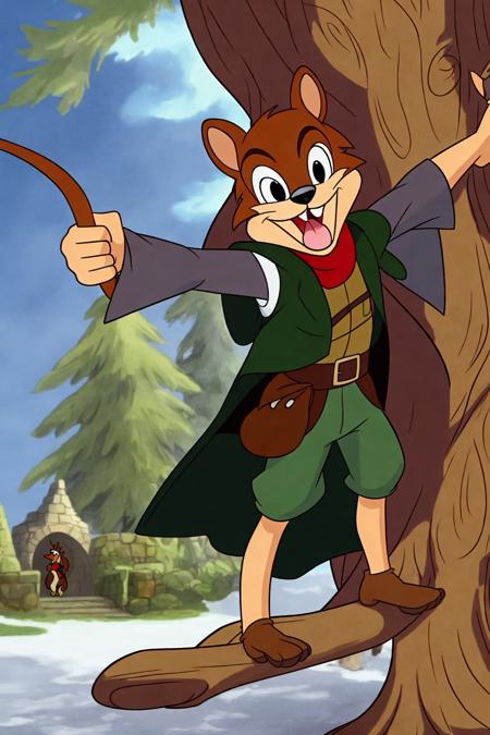 2d animation disney style clever robin hood anthro squirrel in a tree wearing a cape and vest
(masterpiece:1.2) (cell shading) (animation) (flat color illustration:1.1) (best quality:1.2) (clean lines)