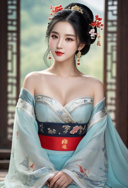 realistic ,RAW photo, full body, best quality, masterpiece, extremely detailed ,CG ,unity ,8k wallpaper, finely detail,  ultra-detailed, highres, beautiful detailed eyes, staring, black hair, extremely detailed eyes and face, sexy posing, hanfu, bare shoulder, smirk, ming style, tang style, song style, jin style), han style
