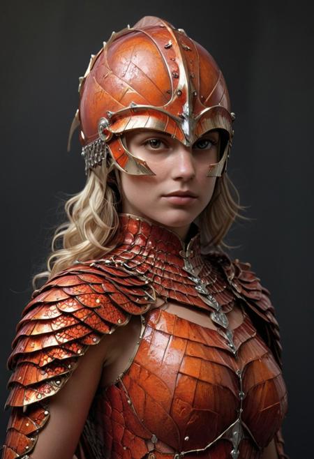 Photorealistic oil painting of (beautiful:1.1) (bright orange eyes) (half-dragon warrior-queen:1.2) (Cloak 1:1) with (intricate metallic red brass scales seamlessly melded into arm and neck:0.9), 28-year-old, (blonde undercut short hair:1.1) (bare shoulder:1.3), (medieval fantasy clothing:1.2), grimdark fantasy, (dragon-style-helmet: 1.49) (mythical-helmet) (medieval) fantasy, high fantasy, epic fantasy, (upper body:1.3) (medium shot:1.3) taken with (fujifilm xt3:1.1), film grain, dark style, raking light dramatic hard shadows, (dramatic lighting:0.9), material contrast, cinematic composition, intricate details, masterpiece, visually stunning, evocative, vivid deep hues, brass, red Crystal, (body transformation:1.2), <dhevv:ds-style:rsd1.5>, realistic eyes, scaleborn, scales, woman,royal, busty, massive breasts, k cup size breasts, red armor, (dragon mouth fang helmet) (latin helmet) (cheek gaurd helmet)