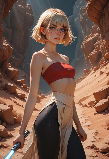 , 8K, high contrast, very aesthetic, photorealistic, HDR, masterpiece, best quality, amazing quality, ultra-detailed, 16k, high-resolution, absurdres, game art, Detailed, newest, scenery, chiaroscuro, volumetric lighting, dappled light, light particles, dramatic shadows, cinematic lighting, photo background, 
BREAK
1girl, saly,blonde, eyeglasses, short hair, blue eyes, small breasts, blunt bangs, freckles, slim, angry face 
beautiful detailed eyes, detailed skin, detailed hair, perfect hands, hair reflects, skin reflects, shiny skin, perfect anatomy,
BREAK
god rays, 
jedi. red tube top, black leggings, white loincloth, holding blue lightsaber, fighting pose, desert
