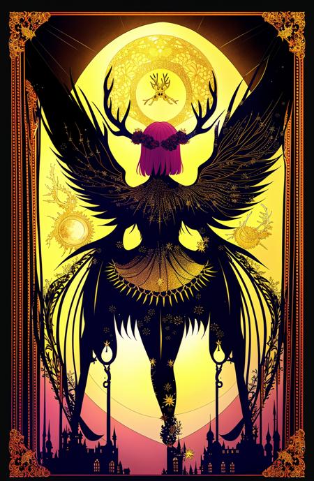 Concept art,tarot cards,borders,European patterns,tarot,1girl,moon,wings,solo,antlers,<lora:kapaiV2:1>,