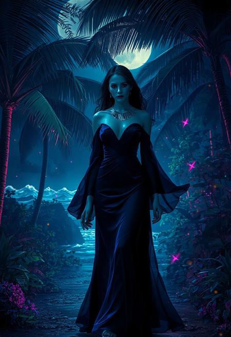 Cinematic Concept Art. A mysterious woman walks through a neon-lit tropical jungle at midnight. She wears a deep indigo haute couture dress with flowing sleeves and a silver necklace glowing in the moonlight. The cinematic concept art style uses dramatic chiaroscuro lighting, volumetric glow from palm trees, and colorful fireflies floating around her. The background features shimmering ocean waves and glowing foliage, blending cyberpunk neon with lush nature. Low poly accents enhance the digital aesthetic.