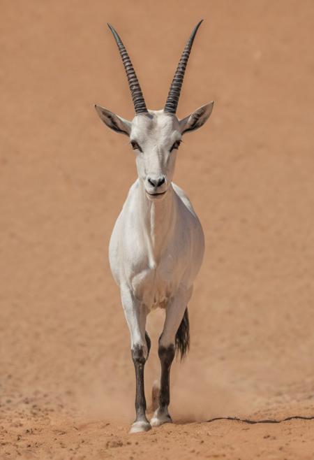 Nikon Z9, NIKKOR Z 400mm f/2.8 TC VR S, photograph of Arabian Oryx, high resolution, high contrast, ray og light, light on the eyes, hard shadow, ENF, Embarrassed, from distance, national geographic cover