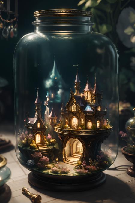 ((best quality)),absurdres,(ultra high res),octane render,(hyperrealistic:1.2), a glass jar with a house inside of it, beautiful render of fairytale, golden miniature, enchanted dreams, beautiful art, blurry background, (realistic:1.7), (8k), (Masterpiece),  (studio lighting),  <lora:diorama:0.77>