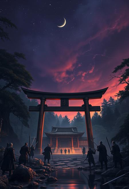in the heart of a vast, ancient forest, a magnificent wooden torii gate stands tall. it serves as the entrance to a hidden temple nestled among the trees and rocks. the sky above is dark, but not with the quiet serenity of night. instead, it's a canvas painted in hues of purple, orange, and blue by the fiery dance of a battle raging beyond the gate. a group of skilled warriors has gathered at the entrance, their faces etched with determination. they have come from far and wide, drawn to this sacred place by whispers of an ancient artifact that holds immense power. the warriors, clad in armor and wielding weapons forged by their ancestors, stand ready for whatever challenges await them inside the temple. the air is thick with tension as they prepare to face the dangers within. a crescent moon peeks through the trees, casting eerie shadows around them. the tranquil pond reflecting the stars above now mirrors the impending clash of swords and the flickering lights of the battle. the warriors steel themselves, their eyes fixed on the gate before them. with one last look at each other, they nod in silent agreement, knowing that only together can they hope to overcome the obstacles and claim the artifact. and so, they march forward, their courage and determination shining brighter than the stars above, ready to write their names in the annals of legend.