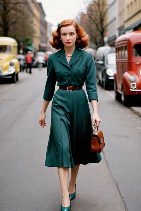 (best quality:1.2), woman, (38 years old:1.3), (1940s analog color photo:1.2), strong facial features, long nose, big eyes, full body shot, ginger hair, slender, athletic body,  depth of field, lifelike texture, detailed face, detailed eyes, detailed skin, extremely detailed, intricate details walking in the street, heels