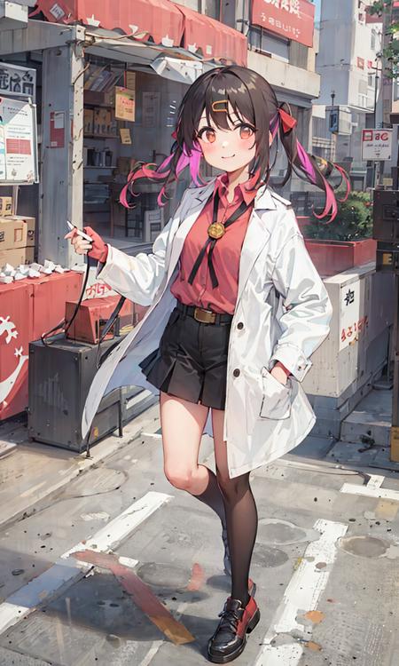 1girl, full body, straight-on, standing, looking at viewer, light smile,  blush stickers, (short twintails:1.2), black hair, hair ribbon, red ribbon, ((hairclip)), closed mouth, ((white long coat)), collared shirt, red shirt, labcoat, long sleeves, hands in pocket, belt, belt buckle,  black miniskirt, solo, bare tree, building, city, cityscape, day, outdoors,  street, tokyo \(city\), tree