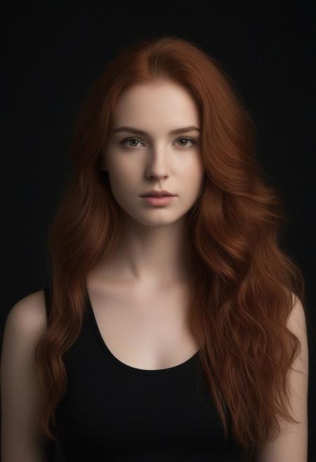 The image is a portrait of a young woman with long, wavy red hair. She is wearing a black tank top and is standing in front of a black background. The woman is looking directly at the camera with a serious expression on her face. Her hair is styled in loose waves and falls over her shoulders. The lighting is soft and dramatic, creating a dramatic effect. The overall mood of the image is sensual and alluring.