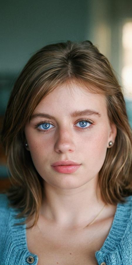 ((Full-Shot)),cinematic film still 21 years old, posing, cardigan, straightened brown hair, blue eyes, moody, Kodak Portra 400, high-definition, cinematic shot, atmospheric perspective, high-resolution, pastel palette, 