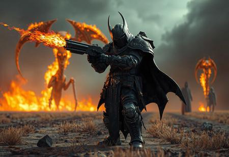 "Create a highly detailed, 3D animated promotional artwork of an Infernity Doom Slinger man with a gun, standing on a desolate field. The scene should be set in a dark, mecha-inspired world with a flaming grim reaper and watchers in the background. The Doom Slinger should appear photorealistic, aiming his weapon with a punished Judge Dredd-like look. Incorporate fireworks-safe flaming elements, and feature it on ArtStation with a focus on intricate details, ballistics, and the golden ratio."