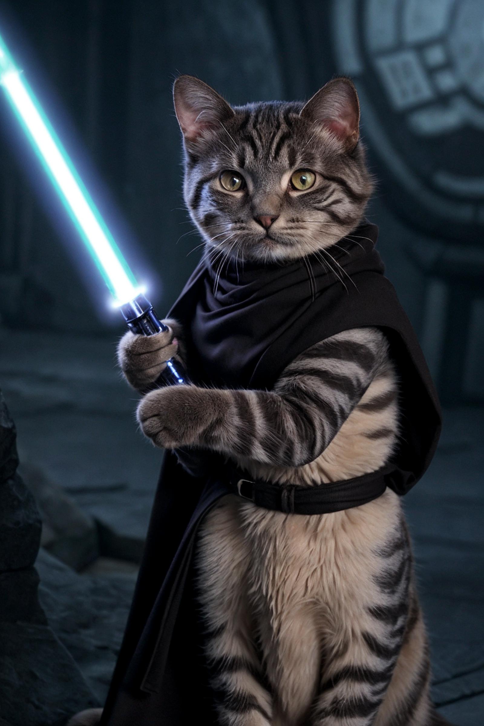 A cat dressed as a Jedi holding a lightsaber.