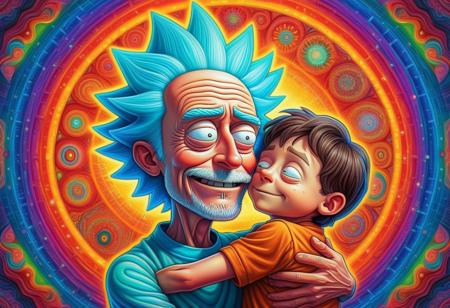 A vividly colored psychedelic inspired portrait of Rick Sanchez lovingly embracing his grandson Morty, in the style of Alex Grey's visionary art.