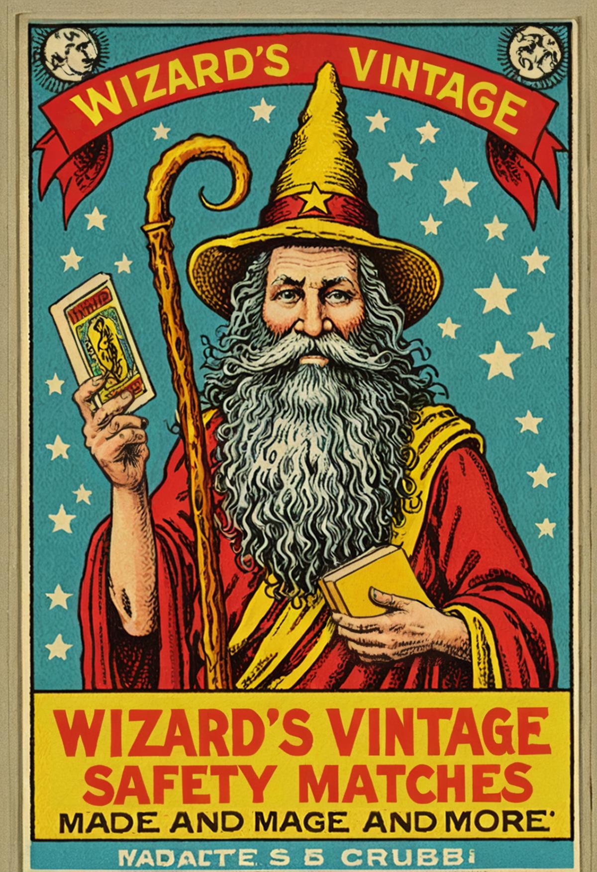 vintage safety matches open matchbox (called "Wizard's Vintage":1.4), illustration of moondog wizard whitebeard by r crumb...