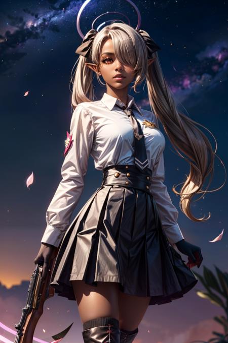 zzIori, grey hair, long hair, twintails, red eyes, dark skin, dark-skinned female, pointy ears, hair over one eye, ribbon, halo, very long hair, hair ribbon, tail, demon tail, sunglasses, eyewear on head, armband, black necktie, black skirt, holding gun, long sleeves, white shirt, bolt action, black gloves, pleated skirt, collared shirt, black ribbon, black socks, knee highs, boots, black footwear, high-waist skirt, 