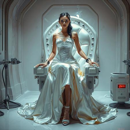 A slender, arrogant bride, dressed in a luxurious, rich fantasy satin wedding gown with a fitted, boned corset and a full, flared skirt, paired with satin high heels, orgasm face.,  The brainwashing headband, is secured to her temples, connected to a  futuristic superconputer rack. Her hands and ankles are bound to a biomechanical white chair, adorned with wet-look glossy pearl pillows, by massive steel restraints, accentuating her ultra-thin waist. she is drugged from standing drop counter with weird medicine. The scene is set in a sterile, empty chamber, with a glossy mother-of-pearl finish, evoking a sense of futuristic dread. Inspired by the cinematic styles of Ridley Scott, Guillermo del Toro, and H.R. Giger, with a blend of sci-fi and horror elements, this full-body portrait is a masterpiece of cinematic storytelling, shot on a virtual v-raptor XL camera, with a warm, film-grained aesthetic, subtle vignette, and rich color grading, reminiscent of 35mm film, with dramatic, atmospheric lighting, inviting the viewer to immerse themselves in this epic, stunning scene.