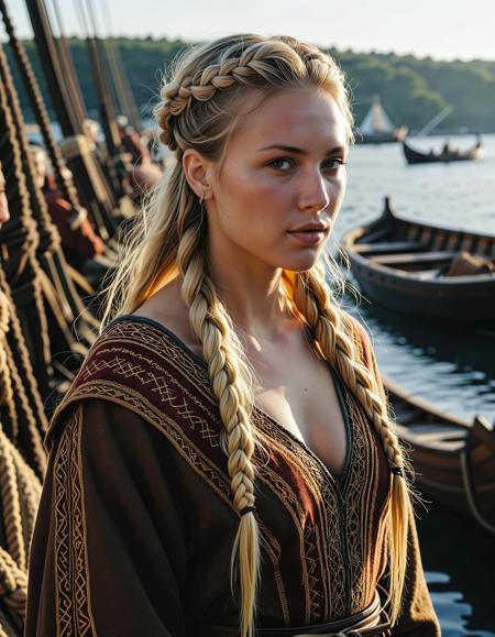 RAW full body image of a gorgeous 25 years old Gorgeous Viking Woman blond, loose hair, <lora:NordicByNature:0.8>,Baltic Viking Merchant, A strong and independent Viking woman, dressed in rich furs and embroidered tunics, negotiating trade with Baltic merchants. She is standing at a bustling harbor, surrounded by longships and crates of precious goods, with the cold sea wind whipping through her blonde braids.,high quality, film grain, Fujifilm XT3, 8k uhd, dslr, film grain, kodak tri-x 400 film, grain photo DOF, faint lighting, dynamic angle, cinematic, Depth of field, bokeh, best quality, cinematic, light particles, highly_detailed, very_aesthetic, golden hour, beautiful_and_aesthetic clear focus, high resolution image, (soft naural light), (rembrandt light), (soft shadows) ,Sexy pose, erotic pose, exhibitionism,