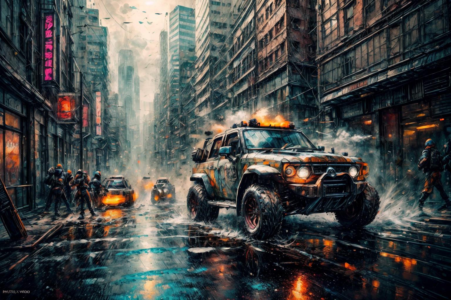 (RAW photo, 8k uhd, Analog style, Masterpiece, Best Quality, Highres:1.3), (dramatic, cinematic:1.2), BREAK,
movie shot of (ultra-detailed:1.1), (striped:1.3) (military:1.4) (cyberpunk:1.3) (battlecar:1.35) (armed with turret machine gun and grenade launchers:1.33) (rushing:1.3) through (cyberpunk city street:1.35), ((glossy:1.1) technological futuristic design:1.2), (drifting:1.3), (neon lights:1.1), (wet asphalt, reflections:1.2), (firing tires:1.35), (water splash, puddles:1.32), (debris:1.32), (steam:1.3), (frightened:1.1) (pedestrians:1.4), (bright day:1.15), (daytime:1.15) (cloudy sky, (rain:1.1):1.2), (skyscrapers:1.15), BREAK,
(photorealistic:1.2), (dutch angle:1.4), (light particles, colorful:1.2), (action movie scene, dynamic composition, fast, chasing:1.3), (motion blur, motion lines:1.3), (cyberpunk, science fiction, blockbuster, military vehicle, volumetric light:1.3), (daylight:1.2) (noir:0.5) (urban atmosphere, vehicle focus, cinematic tone, toxic, glowing, intricate, electricity, purple orange green color scheme, graffiti, (dust:1.1), no humans:1.2), BREAK,
<lora:more_details:1.0>,
<lora:zoom_slider_v1:2.0>