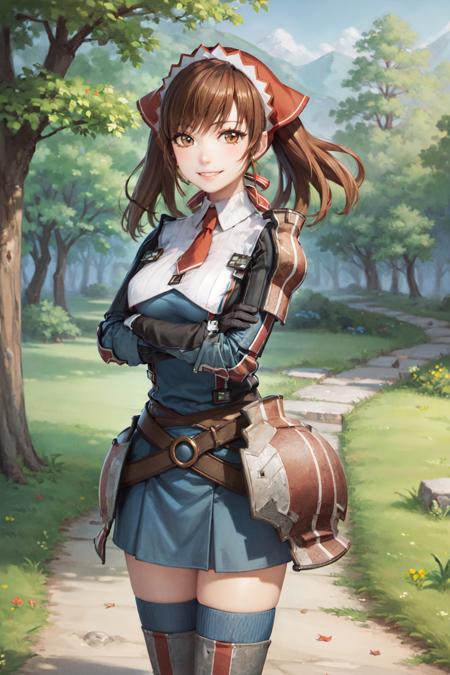 (masterpiece, best quality:1.2), <lora:valkyriachronicles_melchiott-11:1>, cowboy shot, solo, 1girl, alicia melchiott, smile, looking at viewer, crossed arms, twintails, headdress, military uniform, necktie, thighhighs