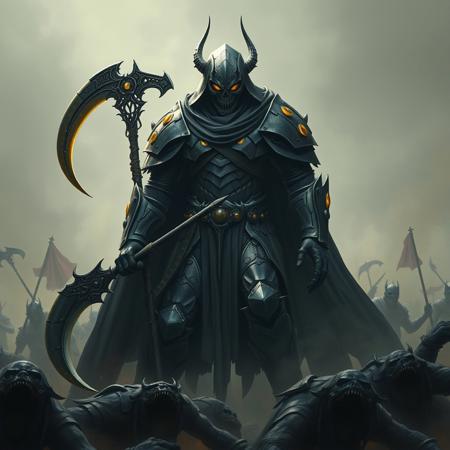 Large figure clad in segmented armor from head to toe. On a battle field surrounded by defeated foes. Wide angle, full body shot. Helmet with skull mask design with glowing yellow eyes, wielding a large two headed scythe and a flowing shadowy cape, his armor decorated with glowing yellow crystals. Light dim, futuristic, gothic.