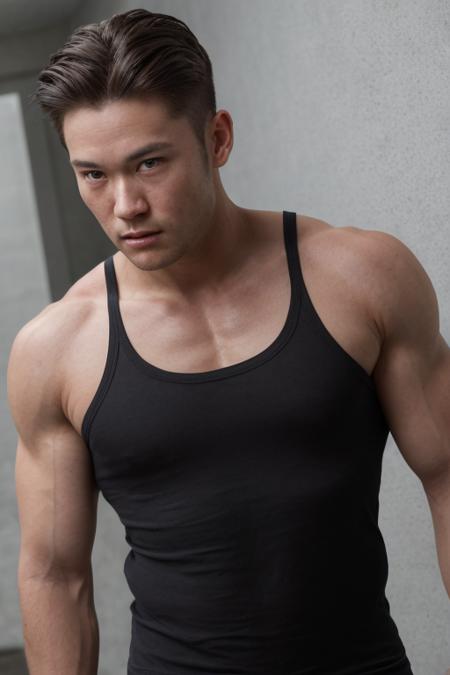 1boy, portrait, realistic, masterpiece, best quality, cinematic lighting, natural shadow, highest detail, professional photography, detailed background, depth of field, insane details, intricate, aesthetic, detailed face, subsurface scattering, realistic hair, realistic eyes, muscular, masculine, shiny skin, photo of japanese man, (black widecut tank top), black eyes,,  <lora:WidecutTankTop-000009:1>