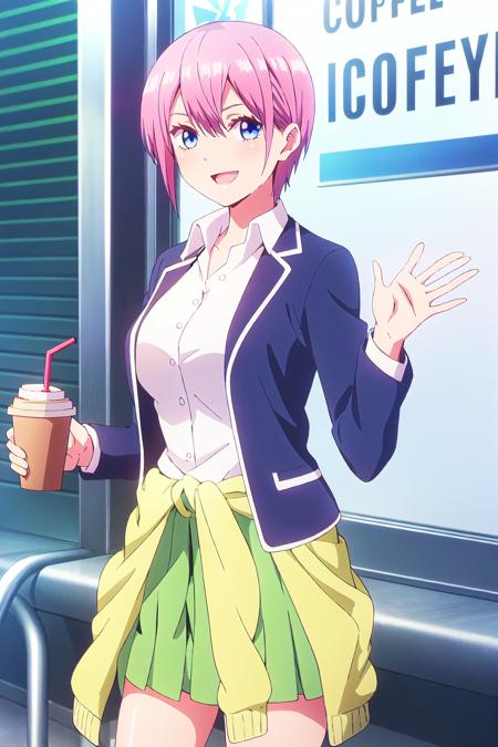 ichika, 1girl,  solo,  shirt,  green skirt,  skirt,  clothes around waist,  pink hair,  short hair,  white shirt,  bangs,  jacket,  smile,  bag,  holding,  blue eyes,  open mouth,  waving,  collared shirt,  pleated skirt,  hair between eyes,  looking at viewer,  :d,  dress shirt,  school uniform,  drinking straw,  cup,  breasts,  standing,  holding cup,  open clothes,  cowboy shot,  cardigan,  disposable cup,  miniskirt,  long sleeves,  cardigan around waist,  hand up,  open jacket,  sweater around waist,  shiny,  sweater,  blue jacket,  shiny hair
high quality, best quality, ultra detailed, masterpiece, <lora:EMS-67510-EMS:0.800000>