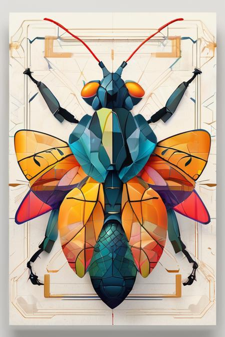 <lora:artfullyinsect_-_v1:0.5>,the front of a new card showing a insect,an abstract graphic of an abstract colorful thing,this colorful illustratio is very abstract,architectural illustrator,colorful minimalism,detailed rendering,fragmented planes,inventive character designs,in the style of multifaceted geometry,in the style of futuristic cyberpunk,hyper-realistic animal illustrations,kimoicore,loose,majestic composition,mechanica,de,gns, textured illustrations, symmetry, staining