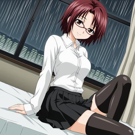 AdultTomoe, glasses, short hair, brown hair, earrings, brown eyes red beret, hat, bare shoulders, crop top, cleavage cutout, jacket, black skirt, pantyhose SchoolT0moe, glasses, short hair, brown eyes brown hair red hair school uniform, brown serafuku, black skirt, pleated skirt, black thighhighs white shirt