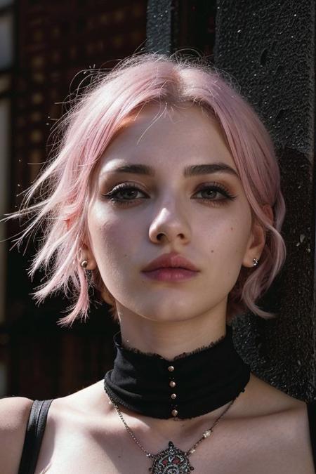 (a cute girl, 22 years old, pale skin ,  pink hair ,skinny:1.1),(big boobs , small nipples, Colombian hipster girl, edgy vibe, dark, mascara, eyeliner, dark cheeks, expressive lips, Unique facial piercings, alluring necklace, stylish sexy streetwear, alluring thighs, aesthetic tattoos on her body, almond shaped eyes, Dimples, very strong eyeliner eye makeup, Defined jawline, skin pores )(best quality, high quality, photograph, hyperrealism, masterpiece, 8k:1.3), mestizo, burly, white shaggy hair, dark skin, smile, (low-key lighting, dramatic shadows and subtle highlights:1.1),(((in the middle of the street))) adding mystery and sensuality, trending on trending on artsy, concept art, (shot by helmut newton:1.1), rule of thirds, black and white, modern ,epiCRealism, (close up shot size)