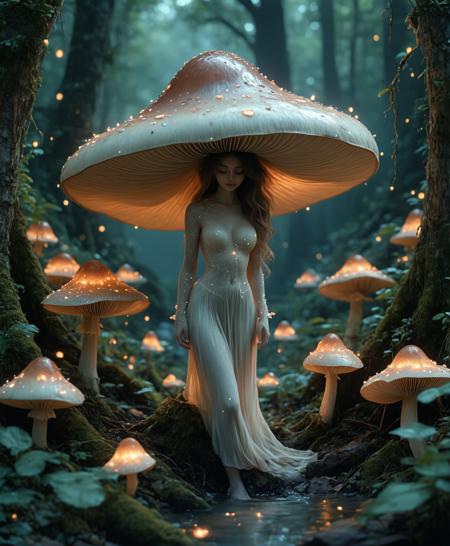 ultra-detailed, masterpiece, best quality, best lighting  photorealistic mystical scene, close up portrait of a female myconid sage emerging from the earth.   In the background is a magical mushroom grove, blending with environment, beauty with spores, glowing mushrooms, intricate light and shadow. There is a shimmering time portal in the back right of the picture with a  bioluminescent water pool in front of it. There are ancient ruins, burial tombs, water, fire, ice <lora:Retro_Atomic:0.25000000000000006> <lora:Add_More_details_SD3:0.45000000000000007>
