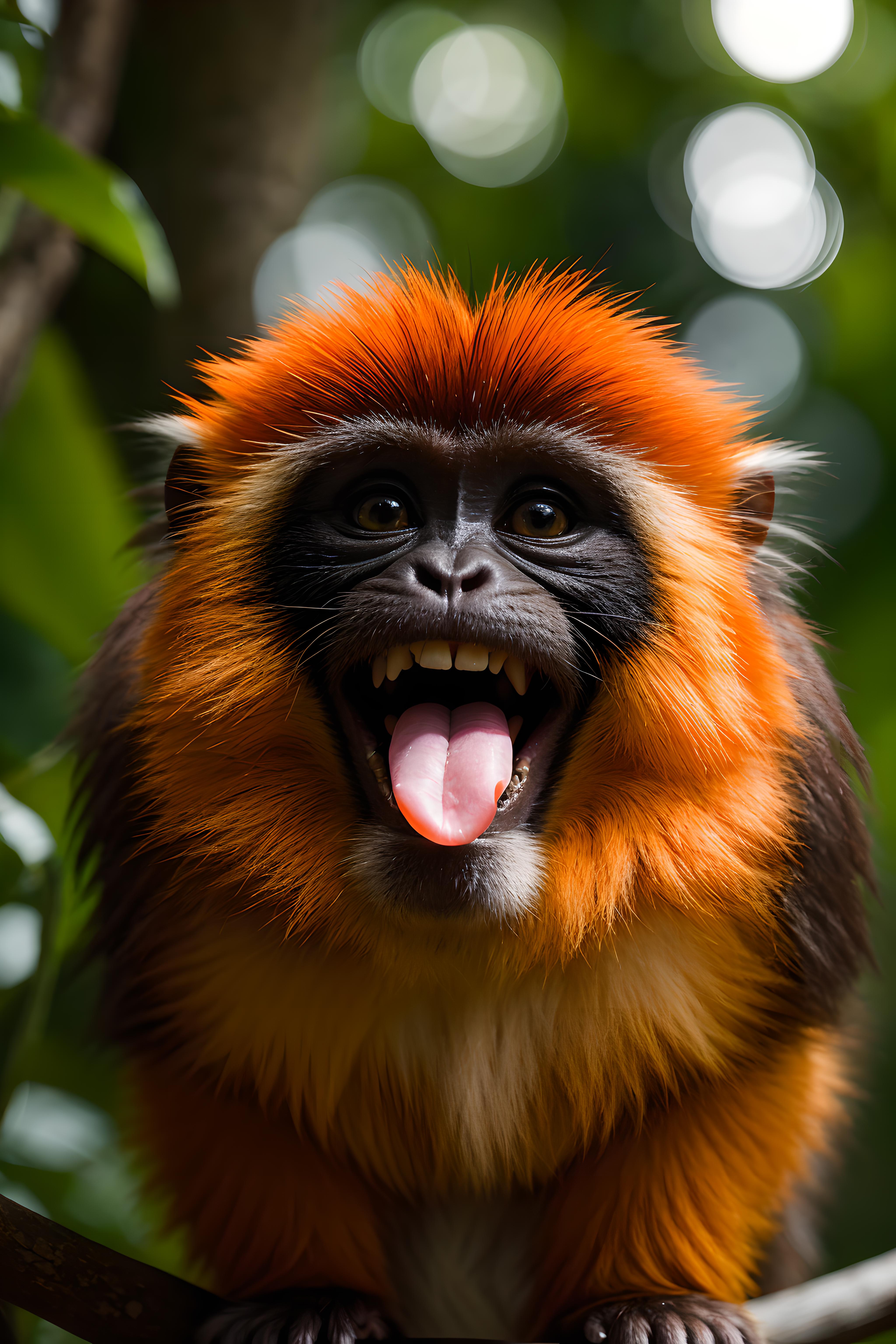A close-up of a monkey with its mouth open in a jungle setting.