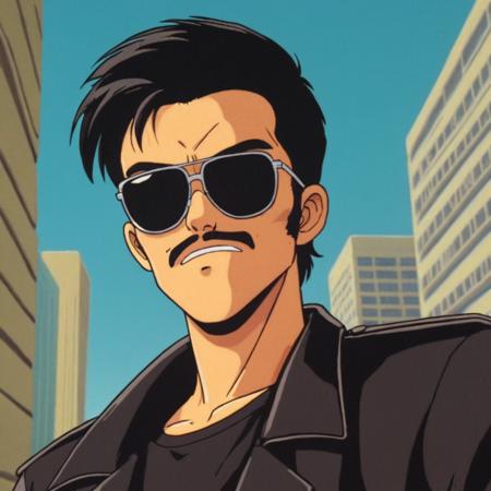 <lora:Riding Bean cartoon style v1:0.8>
Bean BANDIT In 1990's A cartoon of a man with sunglasses on and a black jacket, sharp image, detailed image, original video animation style, manga cartoon style, 1990's style, cinematic style, perfect cartoon style, solo, black hair, 1boy, closed mouth, male focus, frown, sunglasses, portrait, sideburns, retro artstyle, closeup, from below, reflective sunglasses