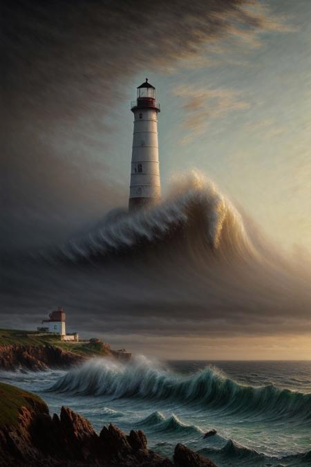 An old lighthouse on a rugged coastline, waves crashing at its base, dramatic sky, high detail, realistic, atmospheric perspective, cinematic lighting, masterful landscape painting, soft waves, highly detailed, 8k resolution, by Ivan Aivazovsky and Claude Monet