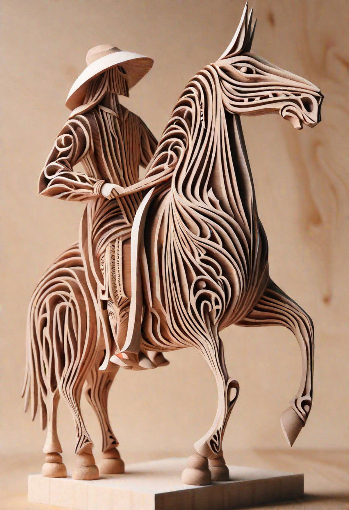 A Wooden Sculpture of a Man Riding a Horse