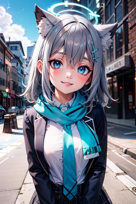 zzShiroko, animal ears, grey hair, wolf ears, animal ear fluff, blue eyes, halo, hair ornament, cross hair ornament, mismatched pupils, extra ears, medium hair, blazer, blue scarf, blue sky, cloud, day, long sleeves, open jacket, outdoors, pleated skirt, school uniform, solo, blue jacket, blue necktie, hair between eyes, parted lips, plaid skirt, white shirt, black skirt, green gloves